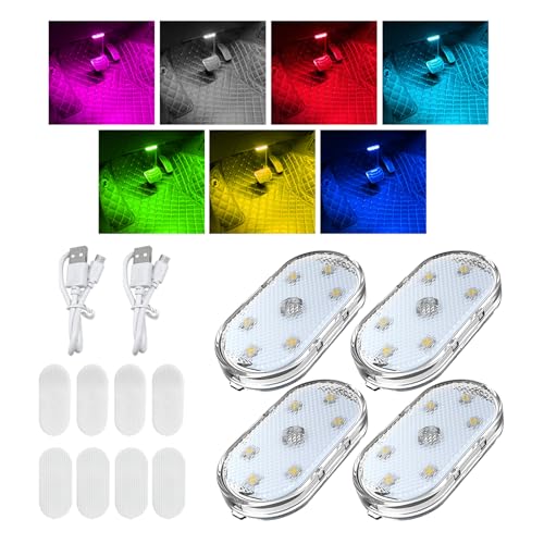 KVAEY 4 PCS Car LED Lights Interior Wireless, 7 Colors Magnetic Auto Ambient Light with 6 Bright LED Lamp Beads, Portable USB Rechargeable Vehicle Interior Led Night Light (Colorful, Sticky, 4pcs) - color: Colorful, Sticky, size: 4pcs