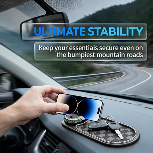 HZEL Car Dash Anti-Slip Pad, 3 in 1 Rotating Vehicle Dashboard Mat with Temporary Parking Number, Anti-Shake Auto Phone Sunglasses Keys Holder Organizer Pad, Universal Fit (Black/Gray) - color: Black/Gray