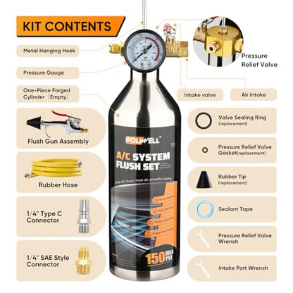 POLIWELL AC Flush Kit with 59" Nylon Hose, Stainless Steel Body & Flush Gun – For R134a/R12/R22/R404a/R406a/R410a – Fits Car AC Lines, Condenser, Evaporator (Solvent Not Included)