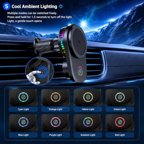 Wireless Car Charger Mount, 15W Fast Charging MagSafe Phone Holder with Cooling Fan, Auto 90° Rotation, Vent & Dashboard Mount for iPhone 17/16/15 Pro Max, Samsung S25/S24