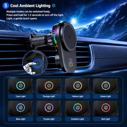 Wireless Car Charger Mount, 15W Fast Charging MagSafe Phone Holder with Cooling Fan, Auto 90° Rotation, Vent & Dashboard Mount for iPhone 17/16/15 Pro Max, Samsung S25/S24