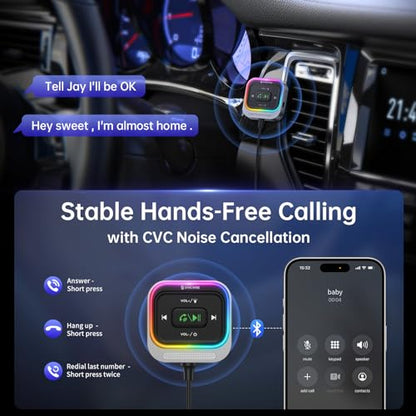 Syncwire Bluetooth 5.4 Receiver 3.5mm Aux Car Adapter Bluetooth Receiver Car Kit with Coiled Cable [Large Mic Noise Cancellation] [Hands-Free Calling] [HiFi Deep Bass] [Colorful Light Switch]