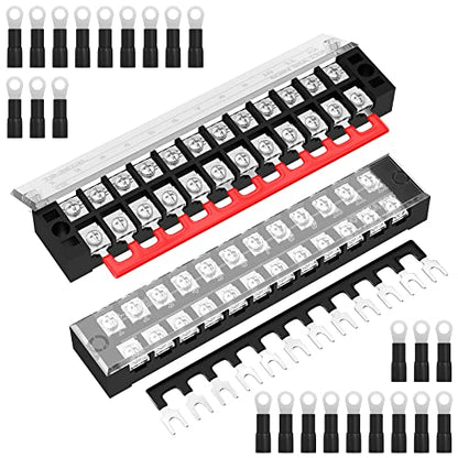 Joinfworld 35A Terminal Block 12 Position Screw Terminal Strip Dual Row with Cover and 12 Position Pre-Insulated Terminal Jumper Block - 2pcs - style: 35A 12P