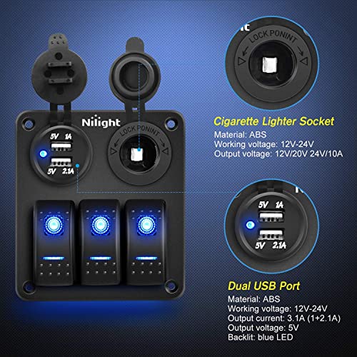 Nilight - 90115C 3 Gang Rocker Switch Panel Waterproof Pre-Wired Aluminum Switch Panel with Dual USB Charger Socket & Cigarette Lighter Socket 12V 24VDC ON Off Switch Panel for Cars Rvs Trucks - color: Blue, size: 3+2 Gang Dual USB