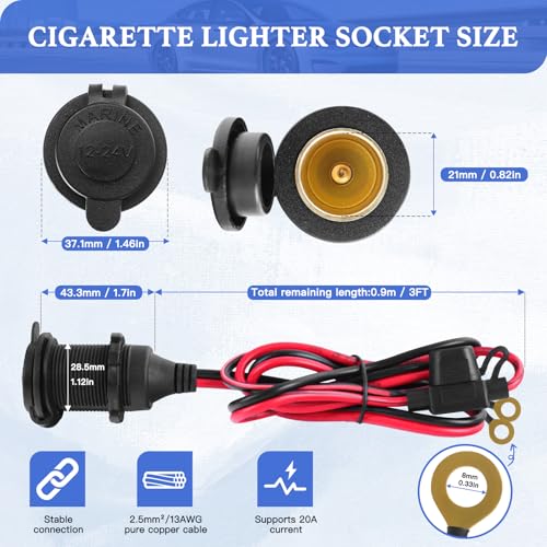 Cigarette Lighter Socket 3FT, 12V Cigarette Lighter Socket 2.5mm²/13AWG, 12V Power Outlet 20A Waterproof and Dustproof, 12V Outlet Socket with Inline Fuse Holder, Car Fuses 20A 25A by XIOGZAXI - size: 13AWG&(3FT/0.9m)