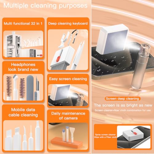 LOKEKE Multifunctional Cleaning Brush Kit, All-in-One Laptop Cleaning Tool, 32-in-1 Portable Electronics Cleaning Brush Tool Kits for Computer Tablet PC Camera Cellphone Earbuds