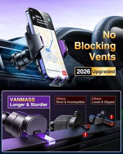 VANMASS [True Military-Grade] Car Phone Holder [Upgraded Suction & Clip] Cell Phone Mount for Dashboard Windshield Vent Truck Cradle Dash Stand for iPhone 16 Pro Max 15 14 13 12 Android, Purple - color: Purple