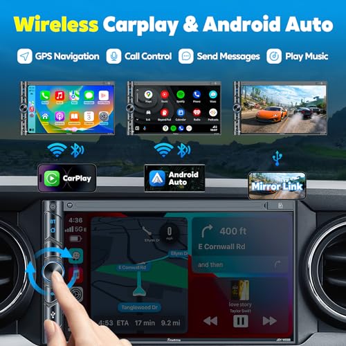Upgrade Wireless Double Din Car Stereo with Carplay, Android Auto, Bluetooth, 4-Channel RCA, High Power, 2 Subwoofer Ports, 7" HD Capacitive Touchscreen Car Radio, Backup Camera, Audio Receiver - color: Black Wireless Car Stereo