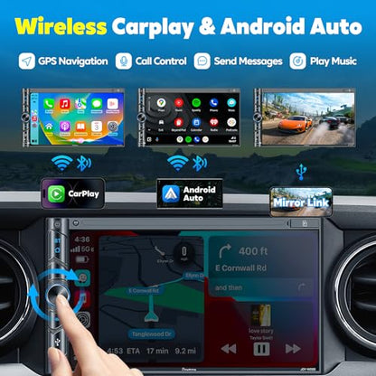 Upgrade Wireless Double Din Car Stereo with Carplay, Android Auto, Bluetooth, 4-Channel RCA, High Power, 2 Subwoofer Ports, 7" HD Capacitive Touchscreen Car Radio, Backup Camera, Audio Receiver - color: Black Wireless Car Stereo