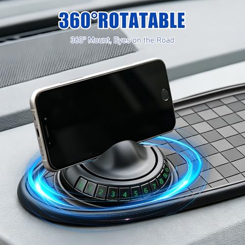 Multifunctional Car Anti Slip Mat with 360° Rotating Phone Holder, Dashboard Organizer for Sunglasses & Keys, Includes Temporary Parking Number Plate - Car Accessories for Women (Black-Gray)