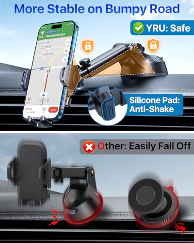 YRU [True Upgrade for Safety Car Phone Holder Mount [Patent & Military-Grade] Dashboard Cell Phone Holder for Car Vent Windshield Phone Stand for iPhone 17 16 15 14 Pro Max Truck Samsung, Black Blue - color: Black Blue