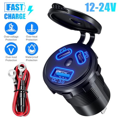 DC 12V-24V Car Charger Socket with Dual PD Type-C & QC3.0 USB Ports Waterproof Cap Fast Charger for Marine Boat Truck