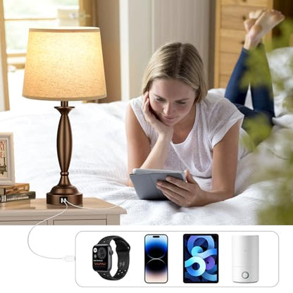 Bedroom Lamps for Nightstand, 3 Way Dimmable Brown Bedside Lamps with USB - color: I. Beige Shade & Brown Base, size: Medium（22.5 In）