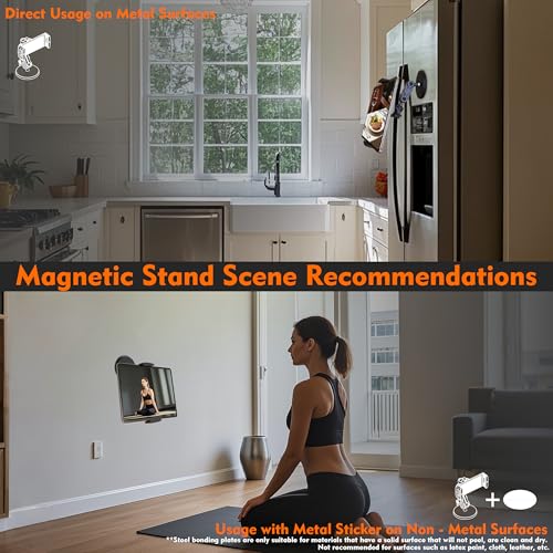 Universal Magnetic Tablet Holder 360°Adjustable 7.7" Aluminum Heavy Duty Arm 3.5" Magnetic Base for Fridge Whiteboard Gym Warehouse Kitchen Fits 4-13" Tablets, Phones