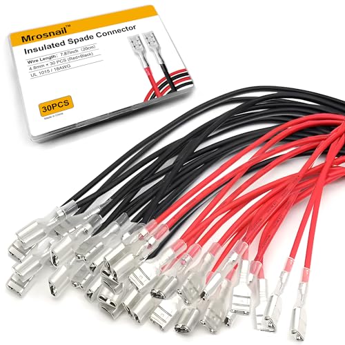 30PCS 4.8mm Female Spade Crimp Terminals with Insulating Sleeves - size: 4.8 mm terminals & 20cm long wires