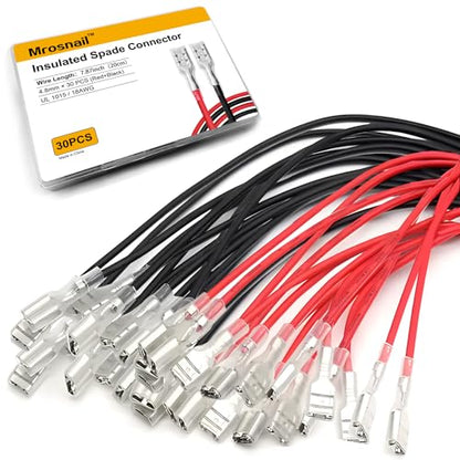 30PCS 4.8mm Female Spade Crimp Terminals with Insulating Sleeves - size: 4.8 mm terminals & 20cm long wires