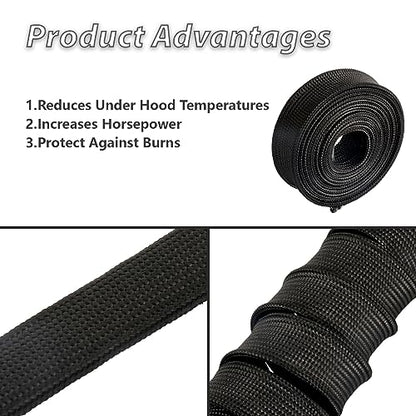 Fiberglass Heat Shield Sleeve Adjustable Hose Heat Spark Plug Wire High Temp(5 Feet-0.5''Inch/13MM) For Exhaust Insulation Thermal Wrap Roll Car Brake Line Cable Protection Tape Black - size: 1/2''X 5'