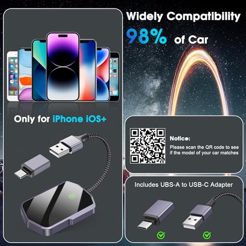 Wireless Carplay Adapter for Apple iPhone Converts Wired to Wireless Carplay Dongle Plug & Play Low Latency Car Play Adapter Mini Car Play Dongle for iOS 10+ Fit for Cars USB A/C (Dark Gray) - color: Dark Grey