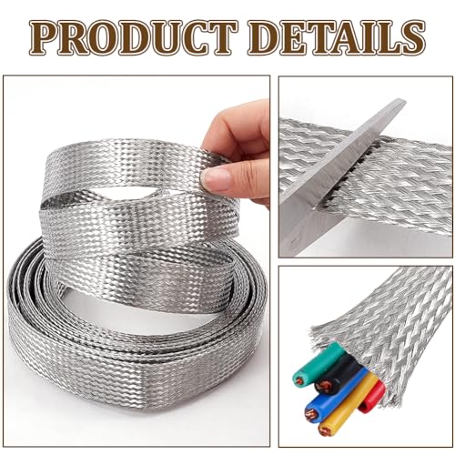 NBEADS 16.4ft 304 Stainless Steel Braided Cable Sleeve, 0.98 Inch Wide Stainless Steel Color Flat Tinned Braided Ground Wire Mesh, Flexible Shielding Sleeve for Cables - size: 16.4ft X 0.98 Inch