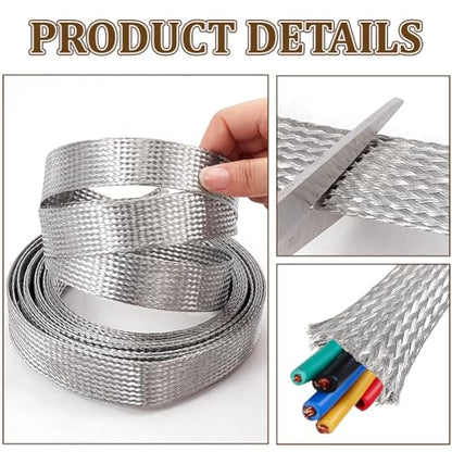 NBEADS 16.4ft 304 Stainless Steel Braided Cable Sleeve, 0.98 Inch Wide Stainless Steel Color Flat Tinned Braided Ground Wire Mesh, Flexible Shielding Sleeve for Cables - size: 16.4ft X 0.98 Inch
