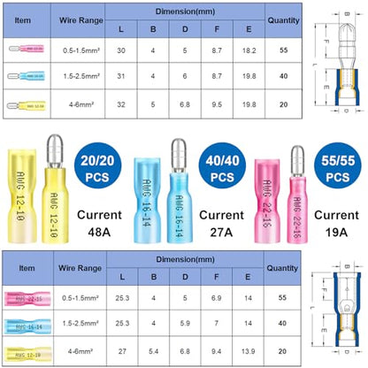 smseace 230PCS Heat Shrink Bullet Connectors Assortment Kit 22-10AWG Waterproof Bullet connectors Heat Shrink Female&Male Terminal for Automotive Boat Stereo Industrial Equipment - size: 230Pcs