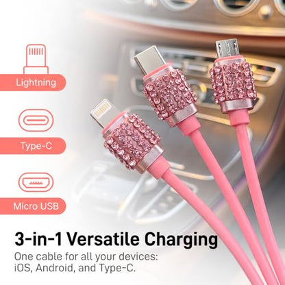 Car 3 in 1 Multi Charging Cable, Stylish Heart-shaped Diamond-studded Retractable Cable for Women/Girls, USB Multi-port Connector, Universal Car Interior Accessories (Pink)