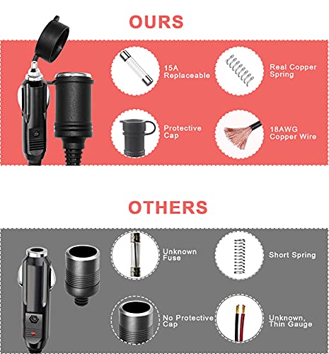 12V Cigarette Lighter Extension Cord 6FT -Car Charger Cigar Lighter Male Plug to Female Socket 18AWG Heavy Duty Extension Cable with LED Lights Extender for Air Compressor Pump and Tire Inflator 15A - size: 6FT
