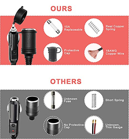12V Cigarette Lighter Extension Cord 6FT -Car Charger Cigar Lighter Male Plug to Female Socket 18AWG Heavy Duty Extension Cable with LED Lights Extender for Air Compressor Pump and Tire Inflator 15A - size: 6FT