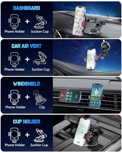 BothLin 3-in-1 Wireless Car Charger Mount, 15W Fast Charging Auto-Clamping Phone Holder for iPhone 17 16 15 14, Samsung Galaxy S24 S23, Dashboard, Vent & Windshield Car Mount - color: Deep Red