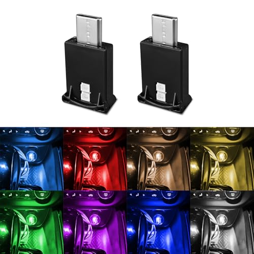 2 PCS USB Type C LED Ambient Light, Adjustable Brightness 8 Color RGB LED Interior Lighting, Universal Car Interior Accessories Mini USB Night Atmosphere Lamp for Car Home Decoration