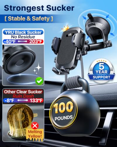 [True Upgrade for Safety] YRU Car Phone Holder Mount [Patent & Military-Grade] Dashboard Cell Phone Holder for Car Vent Windshield Phone Stand for iPhone17 16 15 14 13Pro Max Truck Samsung, Dark Black - color: Dark Black