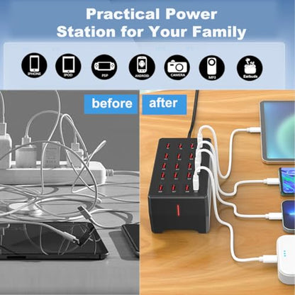 MaxLax 20-Port USB Charger Station, 100W/20A, Compatible with Smartphones, Tablets, and Other USB Devices - color: Black-20 port