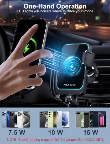 MOKPR Wireless Car Charger, 15W Fast Charging Auto Clamping Air Vent Car Phone Holder with LED Light Car Charger for iPhone 17 16 15/14/13/12 Pro Max Plus, Samsung S23/S22/S21 - style: Air Vent