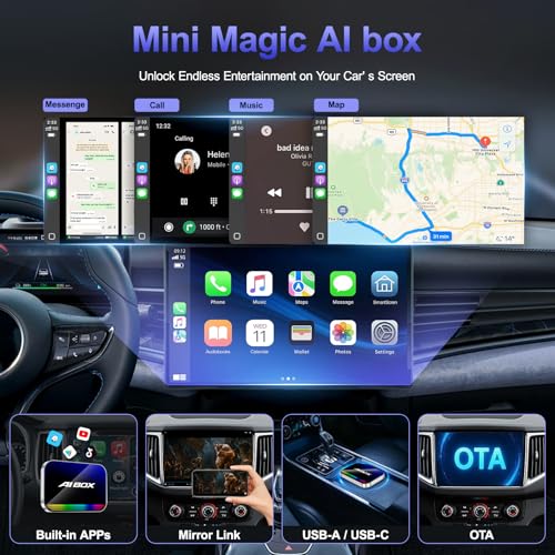 AI Box Wireless CarPlay Adapter,Magic Box with YouTube TikTok, Built-in Play Store and Screen Mirroring, Plug and Play Wireless Adapter for OEM Factory Wired CarPlay Vehicles