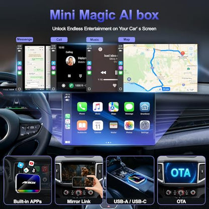 AI Box Wireless CarPlay Adapter,Magic Box with YouTube TikTok, Built-in Play Store and Screen Mirroring, Plug and Play Wireless Adapter for OEM Factory Wired CarPlay Vehicles
