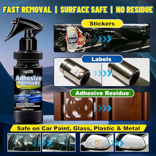 Adhesive Remover, Sticker Remover for Car Paint & Glass – Spray that Dissolves Decal, Glue & Tape Residue, Safe on Surfaces, Removes Sticky Labels, Includes Scraper, Spatula & Towel, 3.4oz/100ml