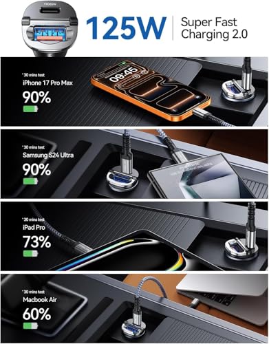 【업그레이드】 125W 차량용 충전기 USB C 고속 충전, 담배 라이터 충전기 - color: 블랙.
