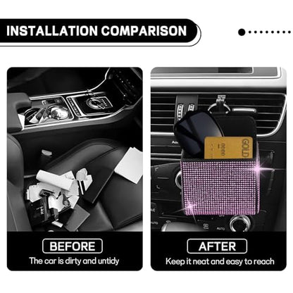 Car Vent Storage Organizer, Rhinestone Auto Air Vent Leather Storage Pouch, Bling Automotive Hanging Bag Pocket Case, Universal Car Mount Cell Phone Sunglasses Coin Holder (Pink) - color: Pink