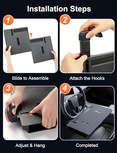 2-in-1 Car Steering Wheel Desk & Table Tray, Seat Gap Filler Organizer - Detachable Two-Piece Slide-Together Laptop & Eating Tray, Adjustable Supports & Hooks, Fits Most 3-Spoke Round Wheels
