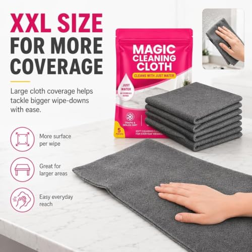 Genie Cloth Magic Cloth, Thick Microfiber, Streak‑Free for Windows & Glass, 5-pack for mirrors, Glass, Window, Kitchen, Stainless Steel, Cars & Screens Lint Free Microfiber Cleaning Cloths