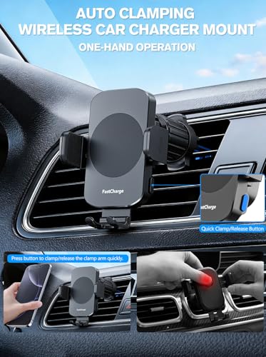 Wireless Car Charger, 15W Fast Charging Auto-Clamping Phone Holder Phone Mount【Windshield+Vent+Dash】 Car Accessories for Women Men fit for iPhone 17 16 15 14 13 12 Pro Max 11 XR XS, Samsung Galaxy - color: Black