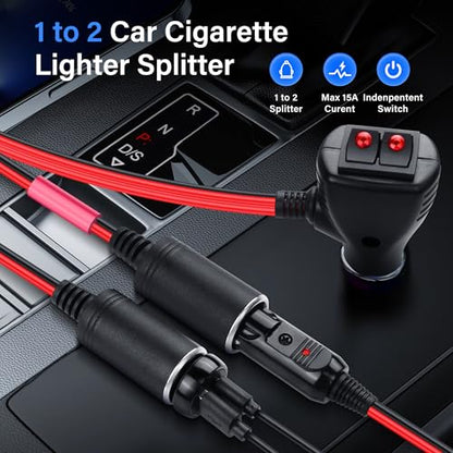 SinLoon 12V Car Cigarette Lighter Splitter Adapter with 2 Independent Switches 16AWG Cigarette Lighter 1 Male to 2 Female Sockets Y Splitter Power Cable with 15A Fuse 0.3M/1FT
