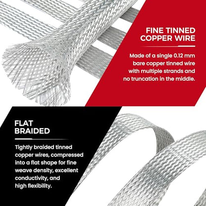 1/2" Wide Tinned Copper Braided Metal Wire Shielding Sleeve Ground Strap Automotive Flat Mesh Flexible Expandable Sheath (12mm ID-42ft) - size: 1/2 in Wide(0.32 in Dia)-42ft