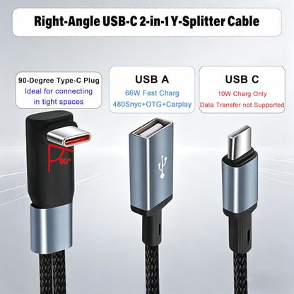 Right-Angle USB-C Splitter Cable 1-in-2-Out,Short USB-C Male to Type-C + USB-A Y-Splitter Cable,2-in-1 USB C Charging Extension Adapter Cable for Power Bank,Phone,USB Drive–24cm