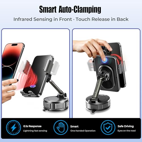 Car Phone Holder Charger, 15W Wireless Car Charger with Auto Clamp & Smart Sensor, Rotating Vacuum Suction Cup Dashboard/Windshield Phone Mount, 360° Adjustable Car Mount for iPhone, Samsung, Black - size: for General Suction Cup PM