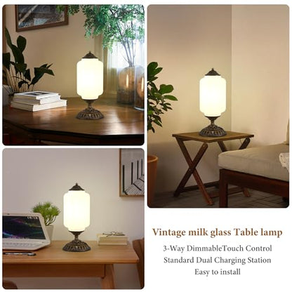 14" Milk Glass Touch Table Lamps Set of 2 with USB C+A Charging Ports - color: White-2Pack