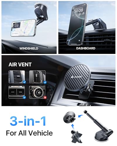 【Military-Grade】andobil 3 in1 Magnetic Phone Holder for Car Dashboard Windshield Vent 【Upgrade Suction & Strongest Magnet】Retractable for MagSafe Car Mount Mats for iPhone 17 16 15 14 Pro Max Sumsung - color: dashboard-black