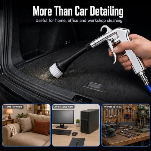 Car Cleaning Gun for Car Detailing, High Pressure Air Blow Gun Works with Air Compressor, Dry Cleaning Gun Quickly Removes Surface Dirt and Dust from Interior, Comes with 3 Brushes and 2 Nozzles