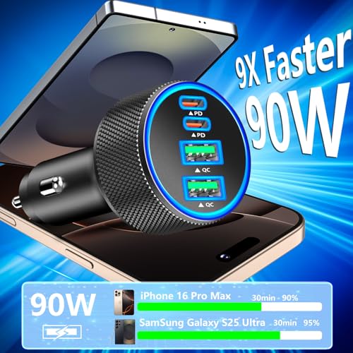 4-Port 90W USB C Car Charger, Rombica Dual USB-C&USB-A Car Phone Charger - color: Dim Black