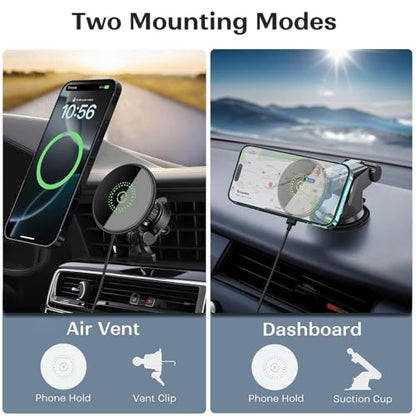 25W Magnetic Fast Wireless Car Charger Phone Holder Compatible with Magsafe, iPhone 17 16 15 14 13 12, Air Vent Dashboard Windscreen Mount